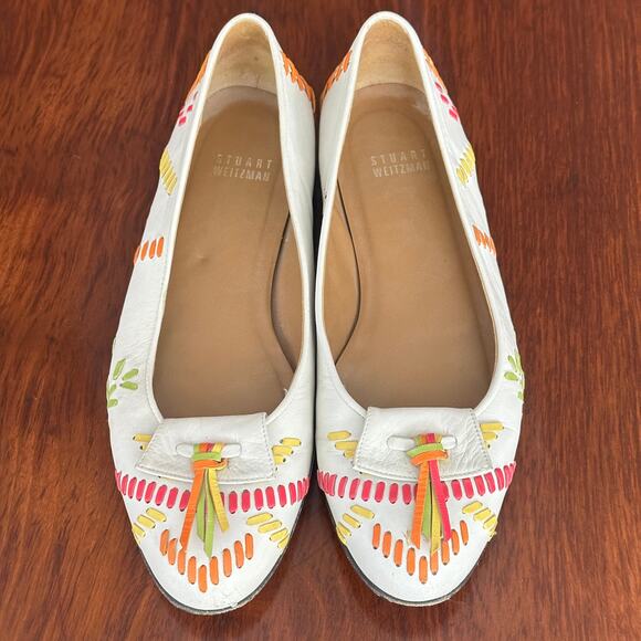 Stuart Weitzman Shoes - Vintage 80s 37.5 STUART WEITZMAN Multicolor White Western Woven Leather Loafers